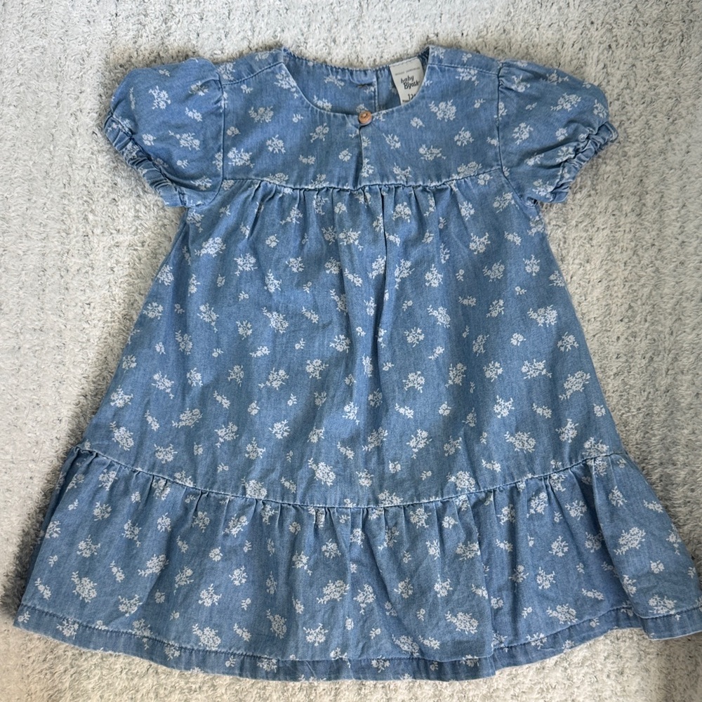 Light Blue Floral Cotton-Blend Kids Dress with Puff Sleeves
